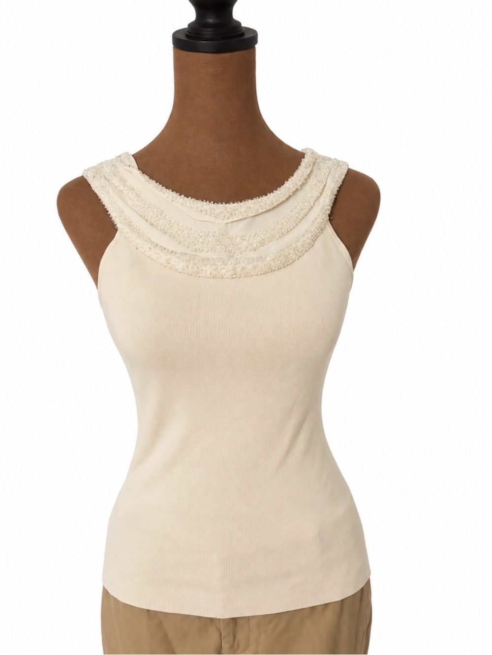 Ann Taylor Cream Silk Blend Beaded Embellished Scoop Neck Tank